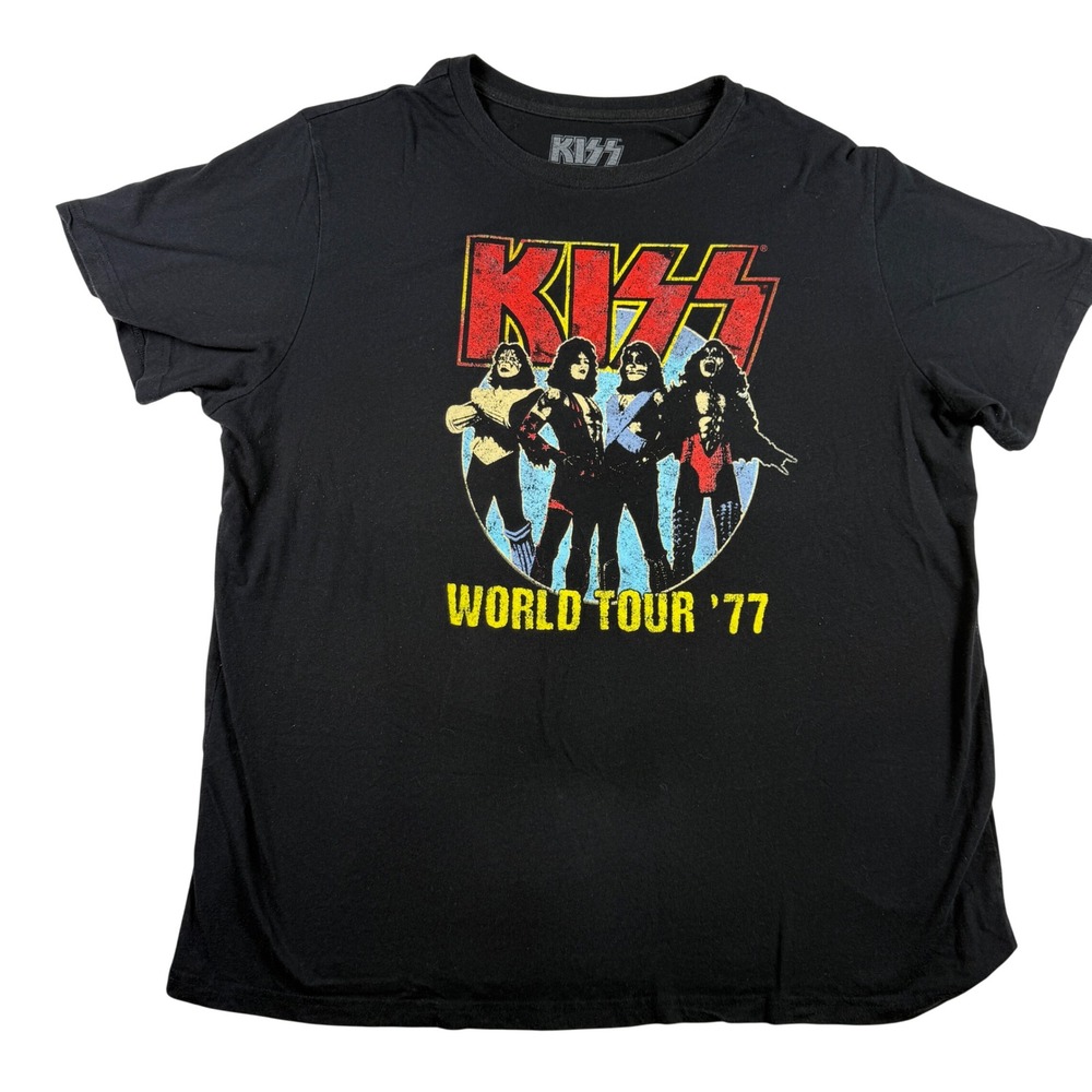 KISS‎ World Tour 77 Graphic T-Shirt Mens 3XL Black Rock Band Short Sleeve Tee